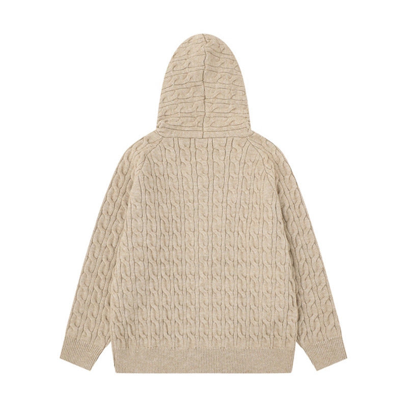 Cable Knit Textured Detachable Fur Collar Hooded Sweater Women Loose