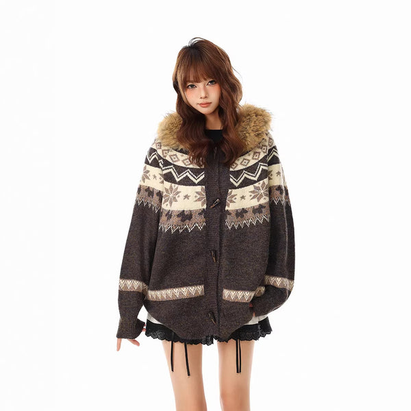 Fur Collar Hooded Knit Cardigan  Loose Fit Casual Sweater Coat