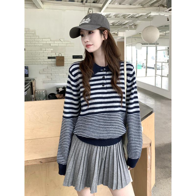 Striped Knit Top with Collar