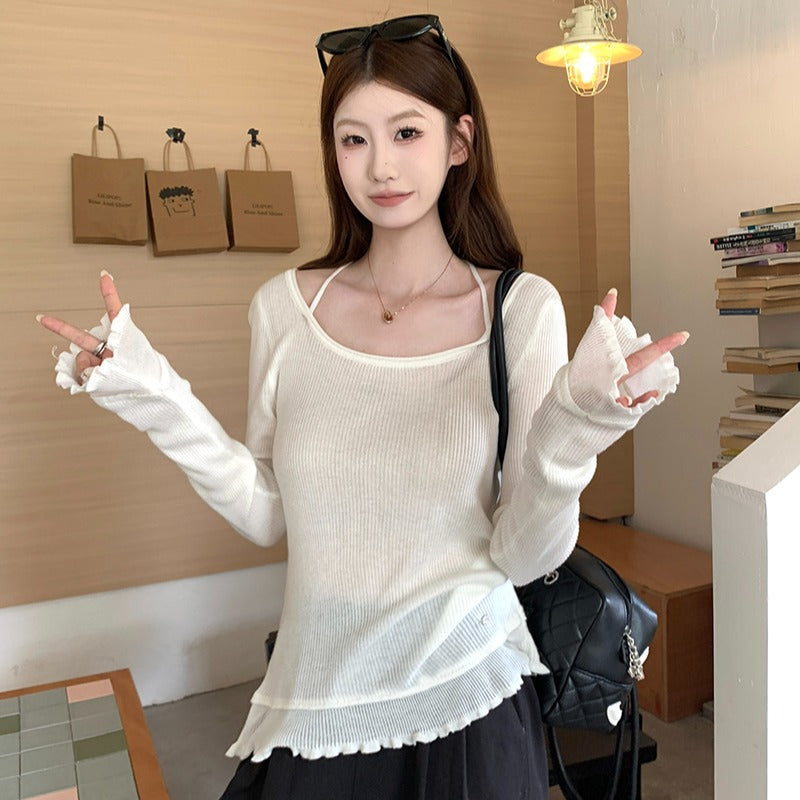 Design Sense  Ruffled Strapless Off-Shoulder Long Sleeve Top
