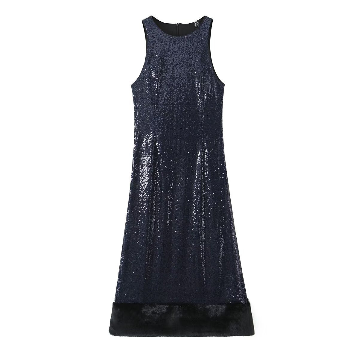 Sequin Patchwork Fur Dress with Classic DesignNightclub Look Long Sleeve, Bodycon Silhouette, Women's Dress