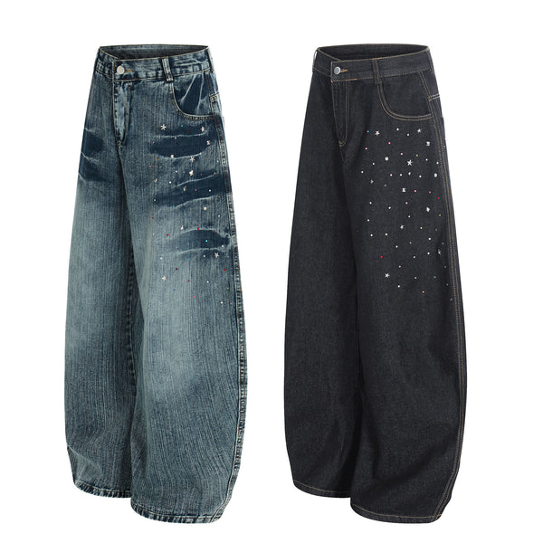 Loose Fit Decorative Beaded Knife-Edge Jeans Pants