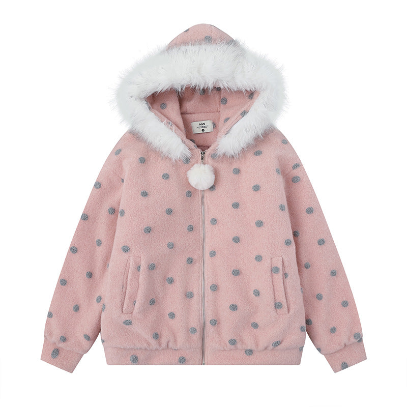 Collar Hooded Cotton Coat Women Sweet Cool Style Loose Woolen Thickened Outerwear