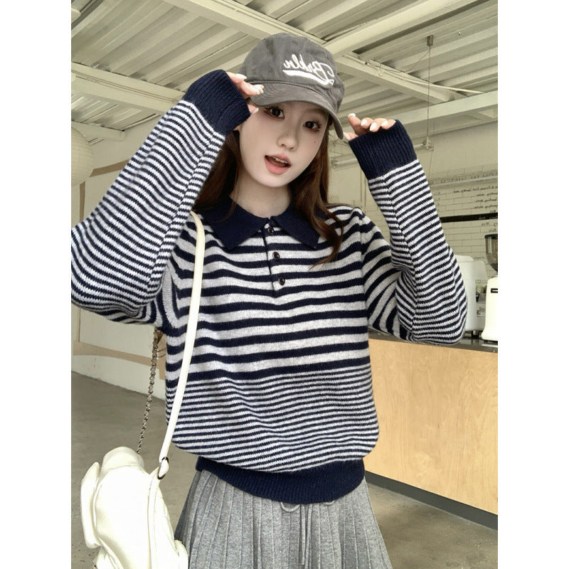 Striped Knit Top with Collar