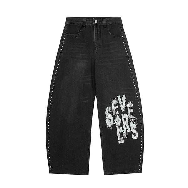 Letter Print Denim Pants Unisex Loose Casual Versatile Wide Leg Pants
