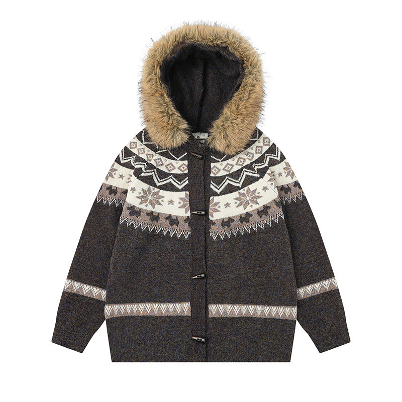 Fur Collar Hooded Knit Cardigan  Loose Fit Casual Sweater Coat