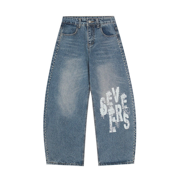 Letter Print Denim Pants Unisex Loose Casual Versatile Wide Leg Pants