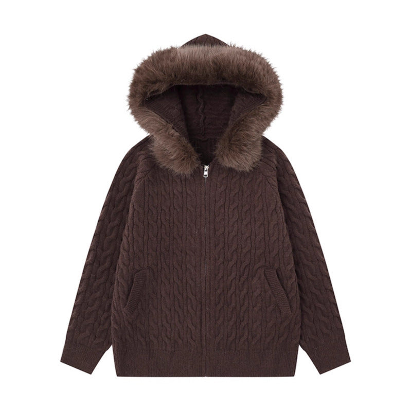 Cable Knit Textured Detachable Fur Collar Hooded Sweater Women Loose