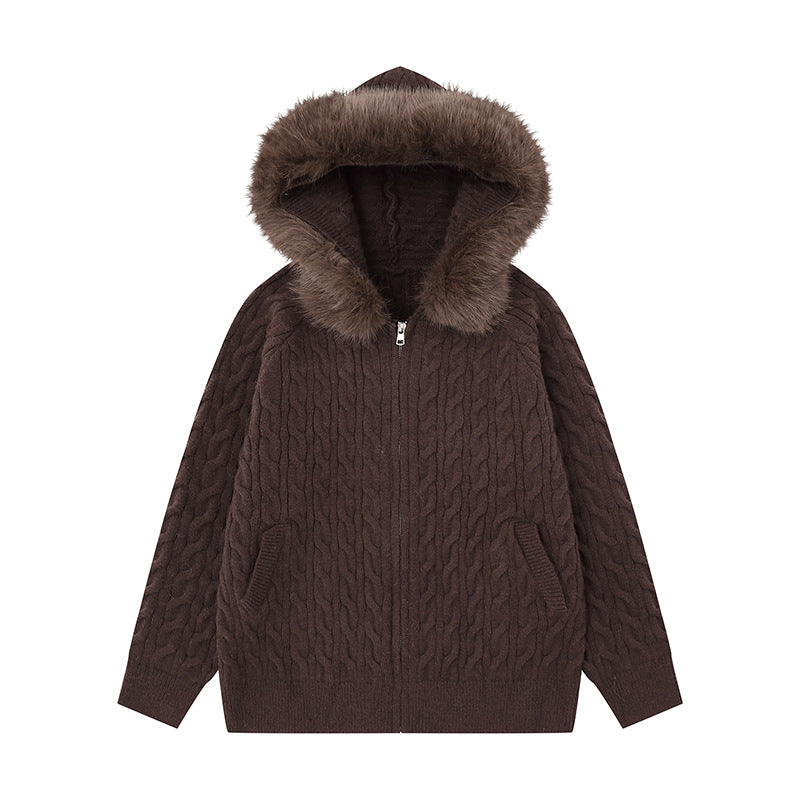 Cable Knit Textured Detachable Fur Collar Hooded Sweater Women Loose