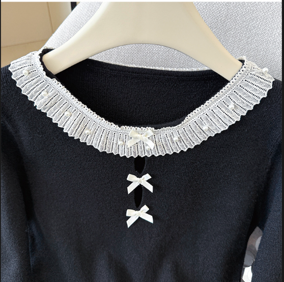 Chic Long Sleeve Knit Top for Women with Embellished Lace
