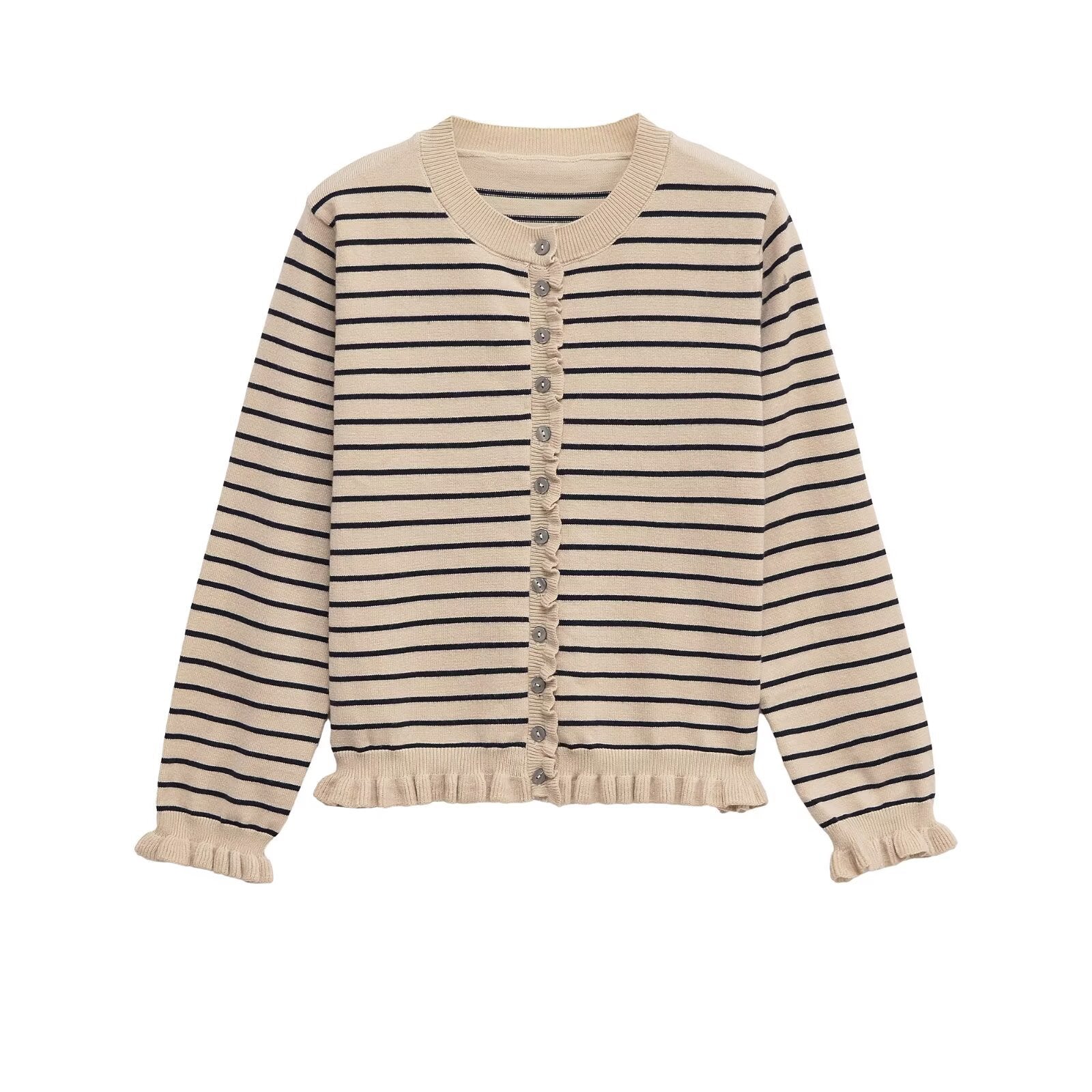 Stacked decorative round neck long sleeved knitted jacket