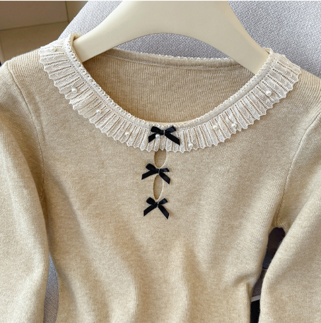 Chic Long Sleeve Knit Top for Women with Embellished Lace