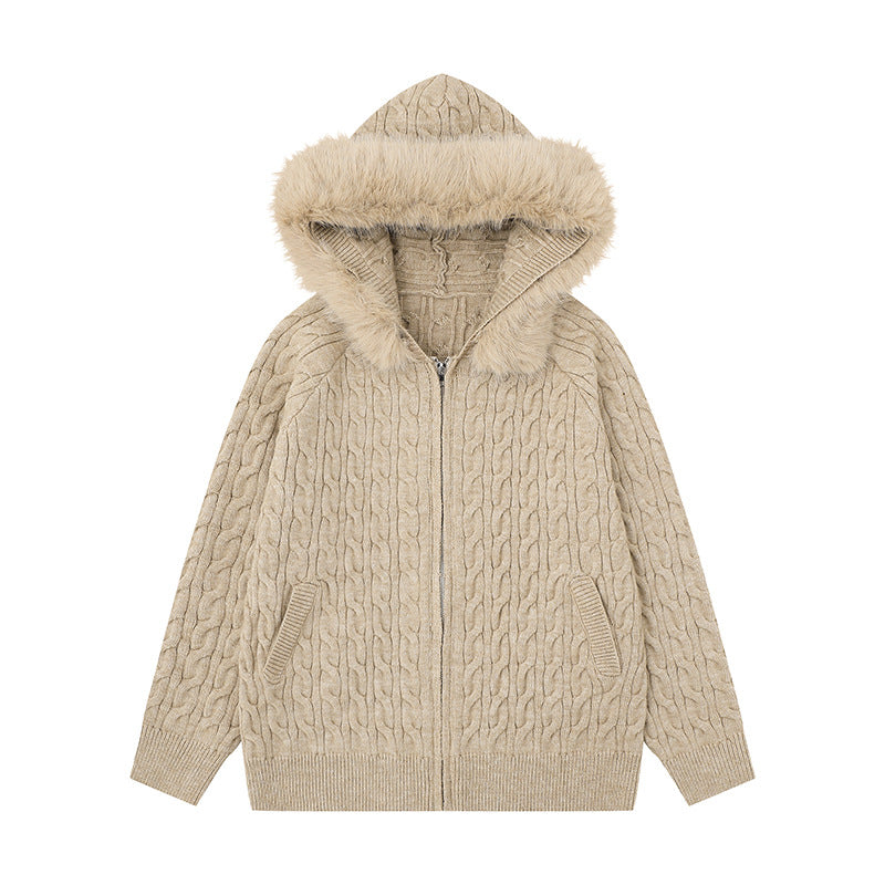 Cable Knit Textured Detachable Fur Collar Hooded Sweater Women Loose