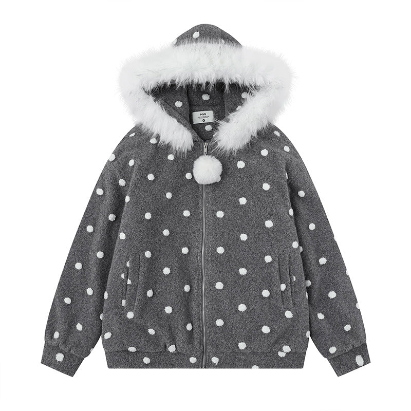 Collar Hooded Cotton Coat Women Sweet Cool Style Loose Woolen Thickened Outerwear
