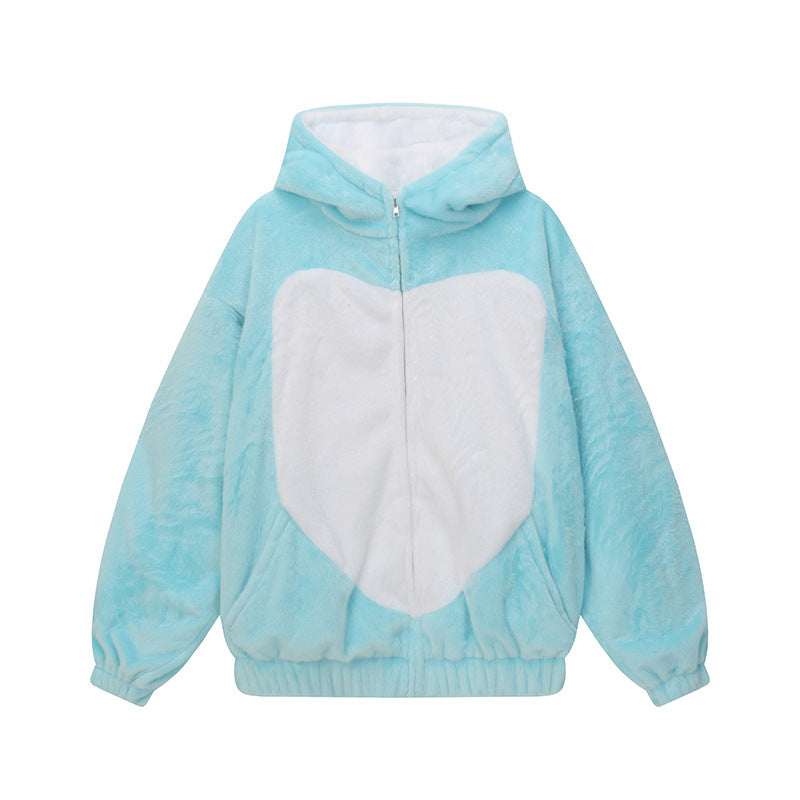 Color-Blocked Rabbit Ears Hooded Cotton Coat  Versatile Warm Winter Jacket