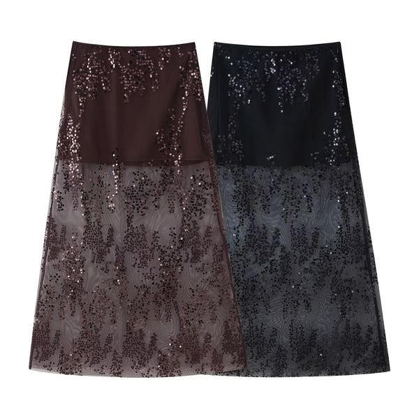 Two color embroidered bead high waisted skirt