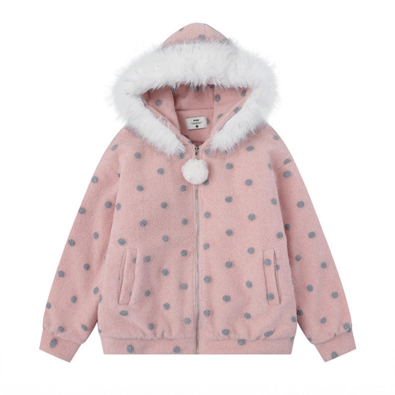 Collar Hooded Cotton Coat Women Sweet Cool Style Loose Woolen Thickened Outerwear