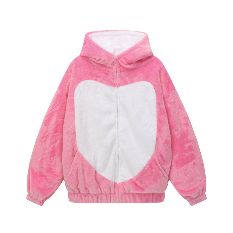 Color-Blocked Rabbit Ears Hooded Cotton Coat  Versatile Warm Winter Jacket
