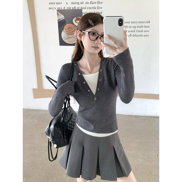 Unique Color-Blocked Buttoned False Two-Piece Long Sleeve Top