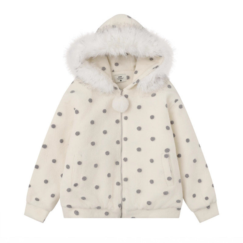 Collar Hooded Cotton Coat Women Sweet Cool Style Loose Woolen Thickened Outerwear
