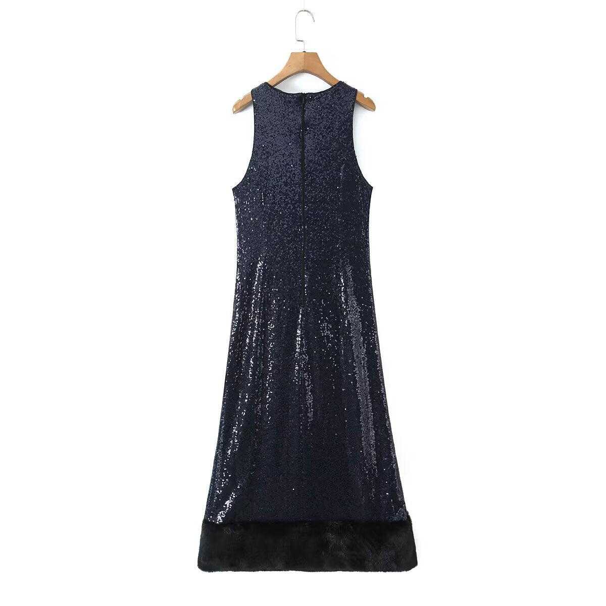 Sequin Patchwork Fur Dress with Classic DesignNightclub Look Long Sleeve, Bodycon Silhouette, Women's Dress