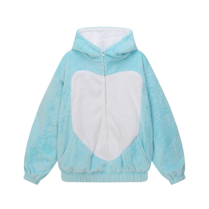 Color-Blocked Rabbit Ears Hooded Cotton Coat  Versatile Warm Winter Jacket