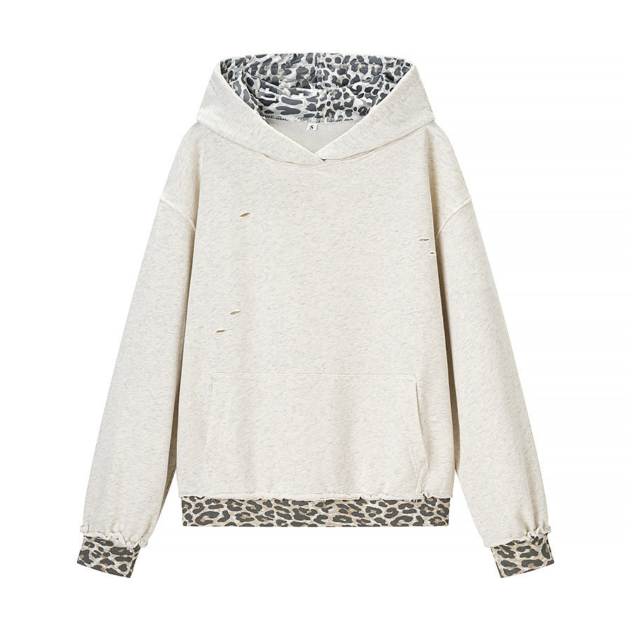Animal pattern patchwork perforated hooded sweatshirt