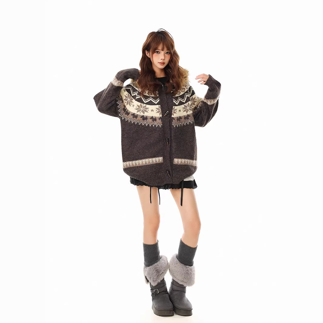 Fur Collar Hooded Knit Cardigan  Loose Fit Casual Sweater Coat