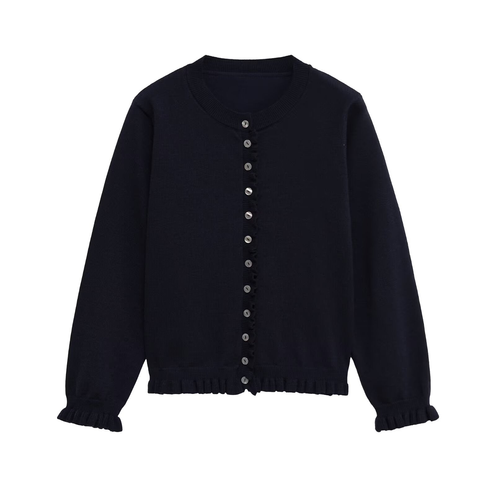 Stacked decorative round neck long sleeved knitted jacket