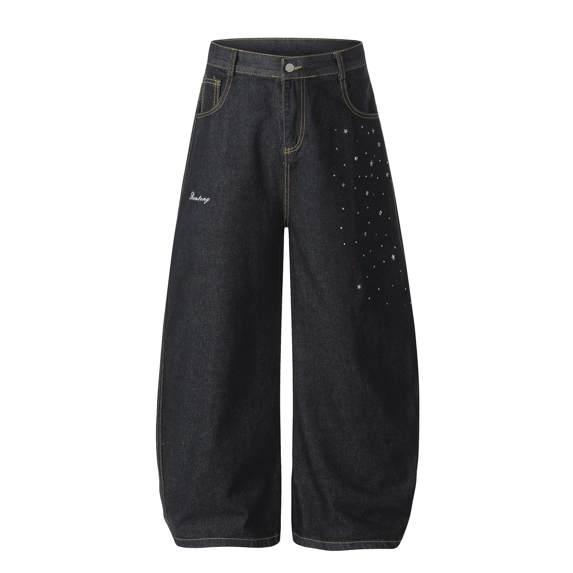Loose Fit Decorative Beaded Knife-Edge Jeans Pants