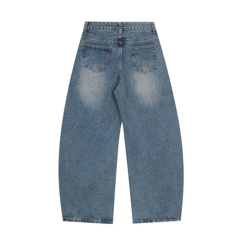 Letter Print Denim Pants Unisex Loose Casual Versatile Wide Leg Pants