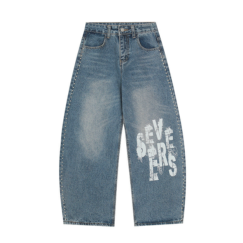Letter Print Denim Pants Unisex Loose Casual Versatile Wide Leg Pants