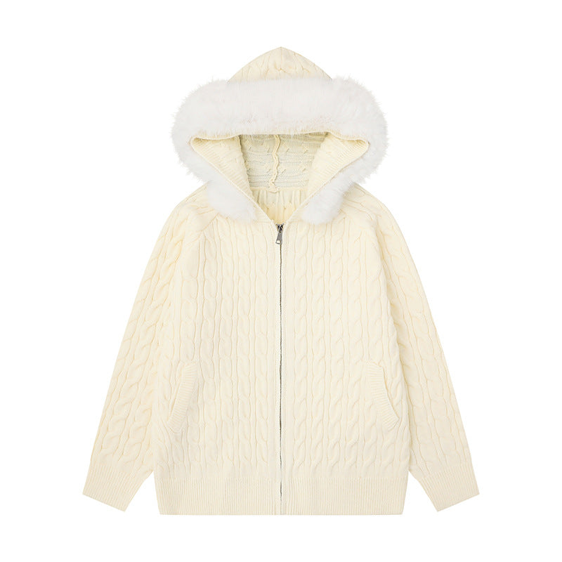 Cable Knit Textured Detachable Fur Collar Hooded Sweater Women Loose