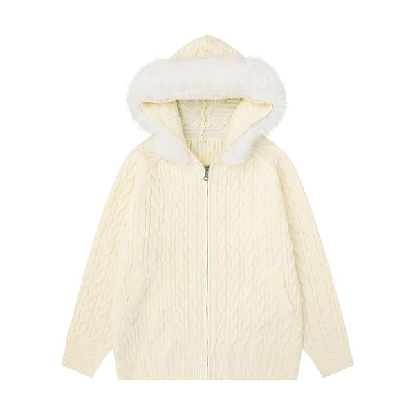 Cable Knit Textured Detachable Fur Collar Hooded Sweater Women Loose