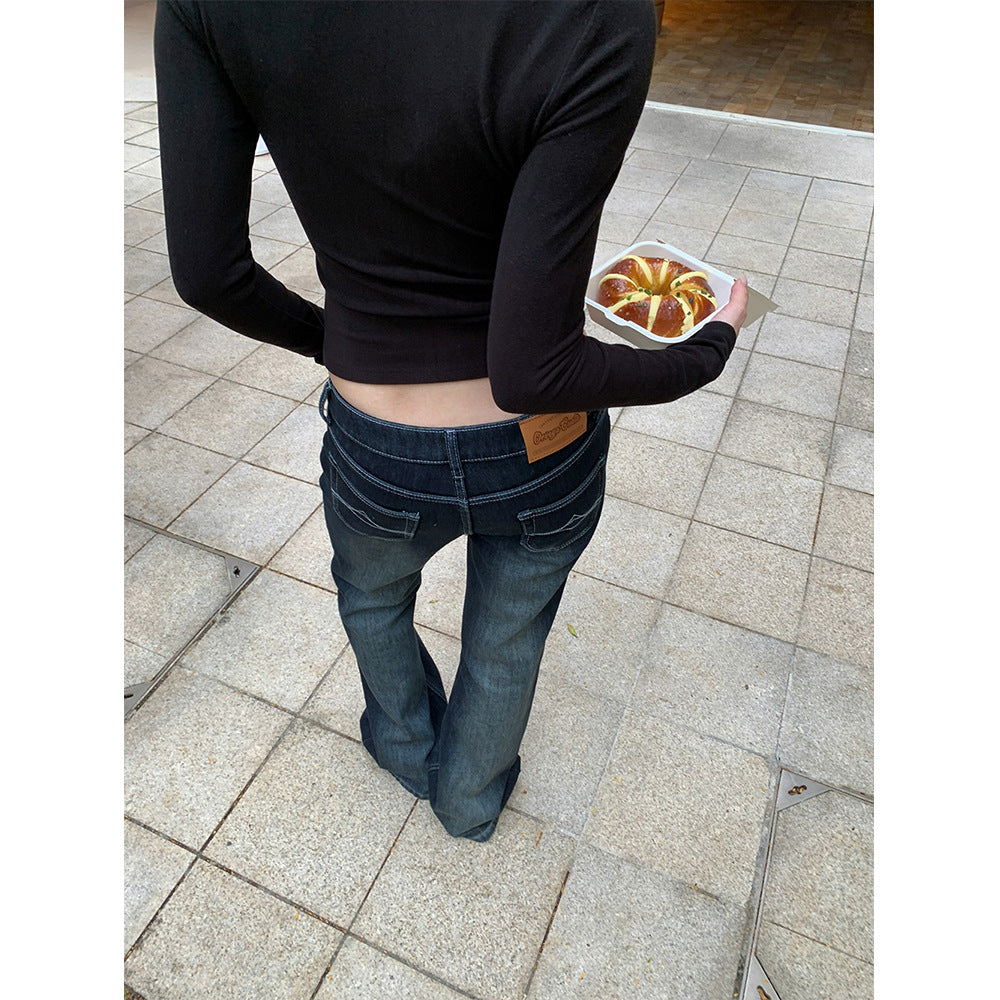 Faux Fur Composite Flared Denim Pants for Women with Topstitching
