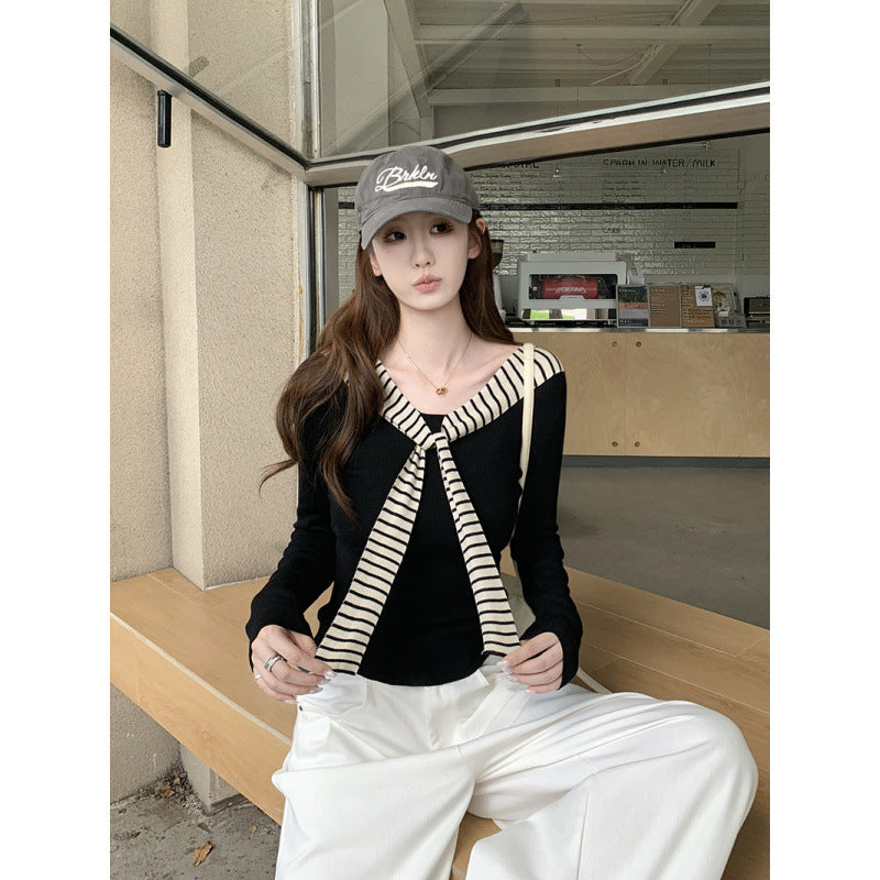 Striped Color-blocked Navy Slim Fit Top