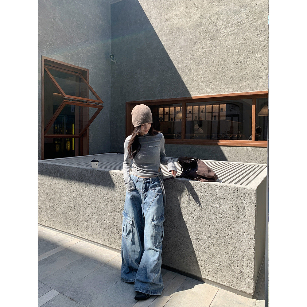 Diagonal Split Design  Wide Leg  Women's Denim Pants