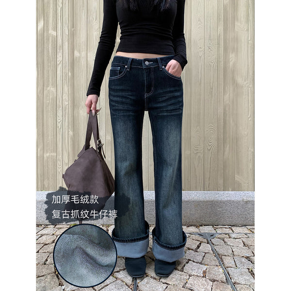 Faux Fur Composite Flared Denim Pants for Women with Topstitching