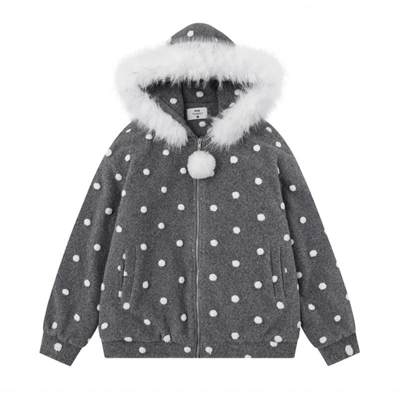 Collar Hooded Cotton Coat Women Sweet Cool Style Loose Woolen Thickened Outerwear