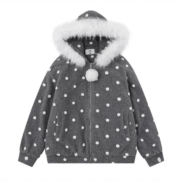 Collar Hooded Cotton Coat Women Sweet Cool Style Loose Woolen Thickened Outerwear