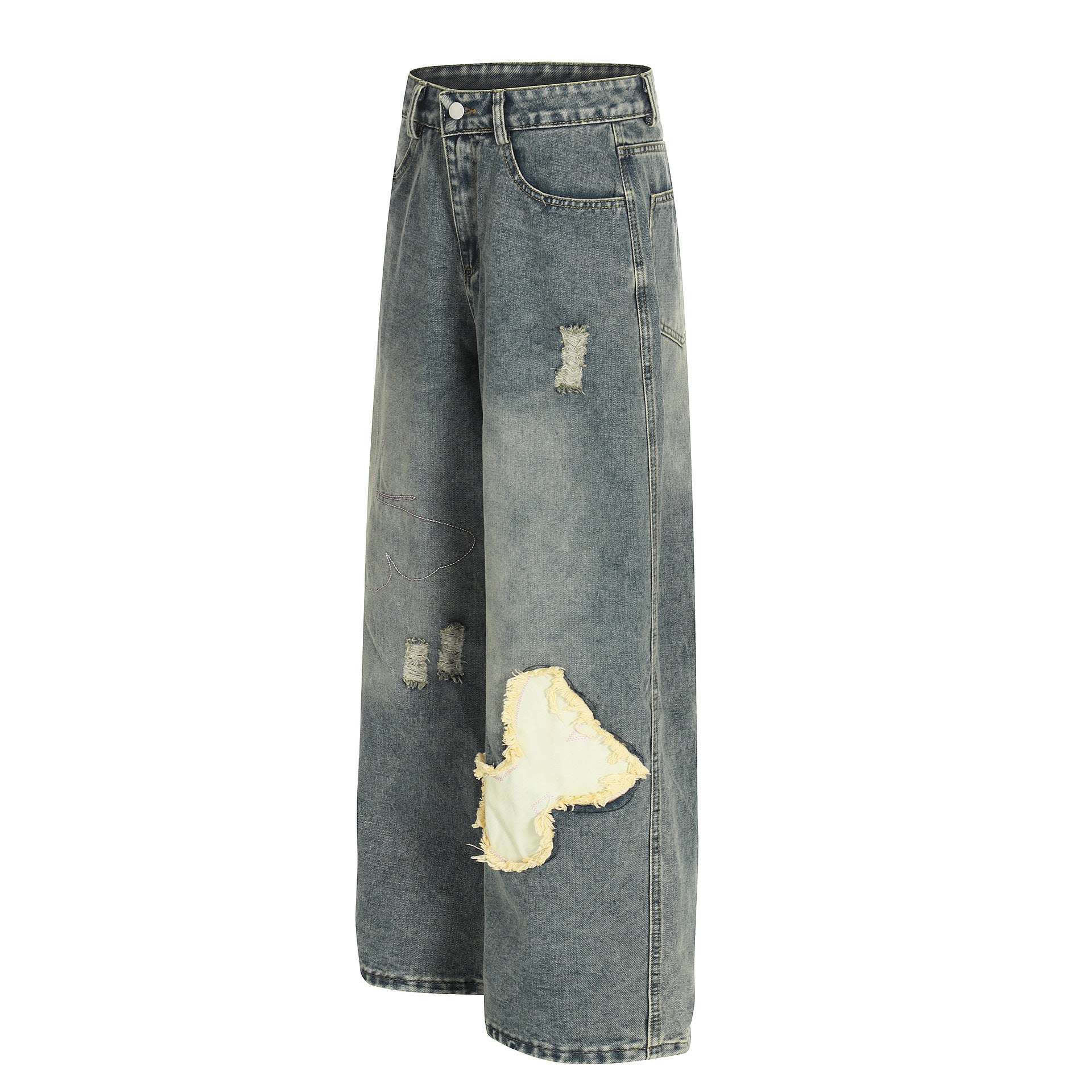 Loose Fit Denim Pants with Patchwork Decoration