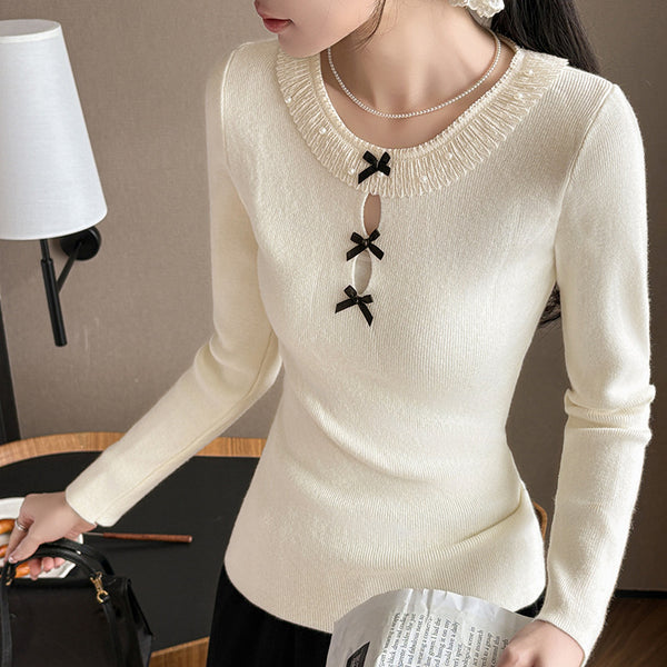 Chic Long Sleeve Knit Top for Women with Embellished Lace