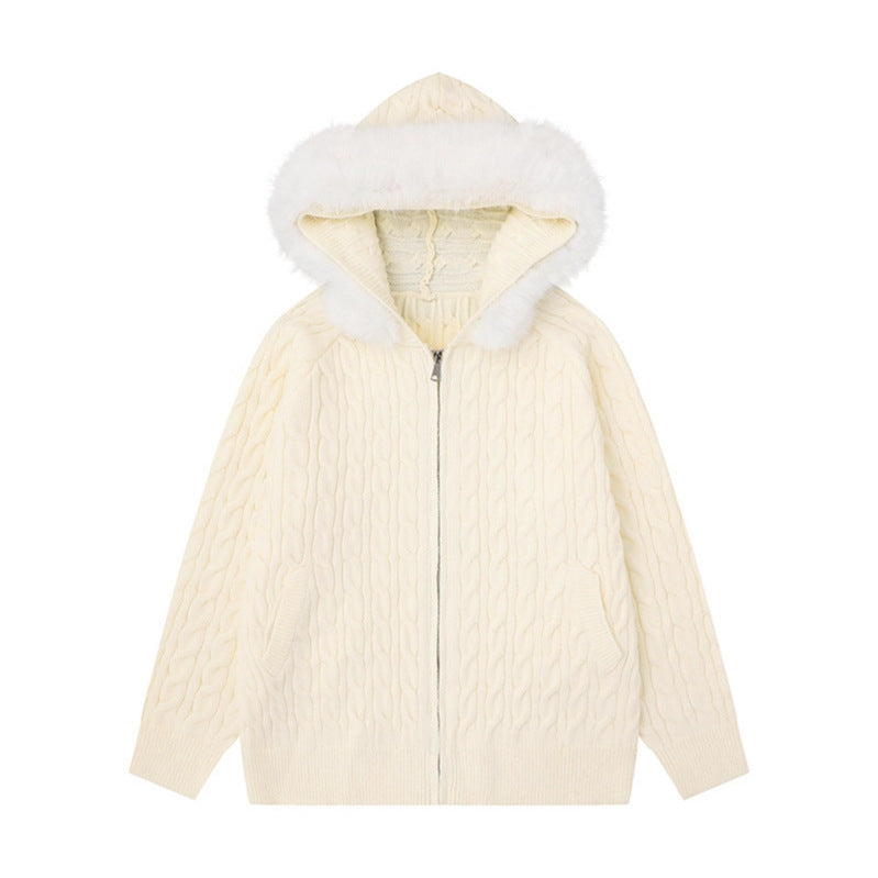 Cable Knit Textured Detachable Fur Collar Hooded Sweater Women Loose