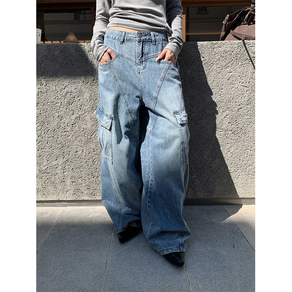 Diagonal Split Design  Wide Leg  Women's Denim Pants
