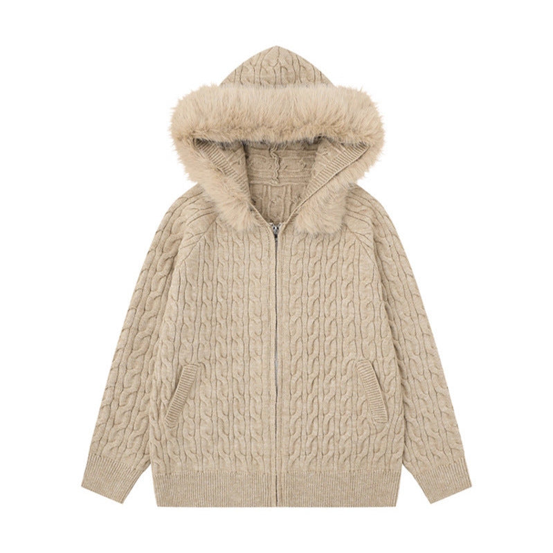 Cable Knit Textured Detachable Fur Collar Hooded Sweater Women Loose