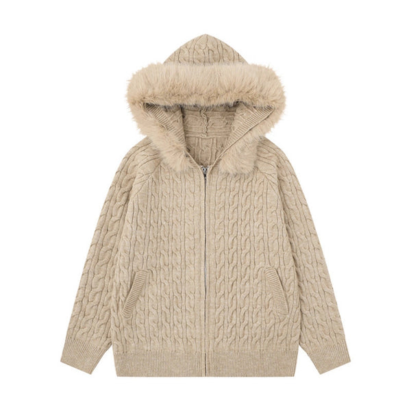Cable Knit Textured Detachable Fur Collar Hooded Sweater Women Loose