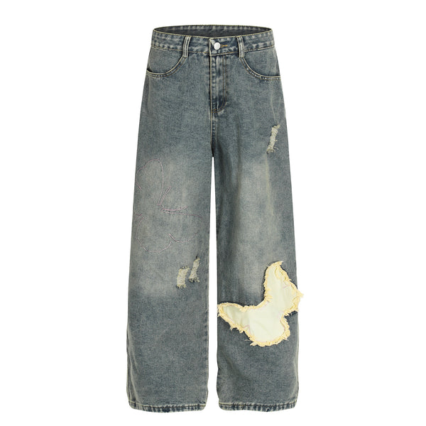 Loose Fit Denim Pants with Patchwork Decoration