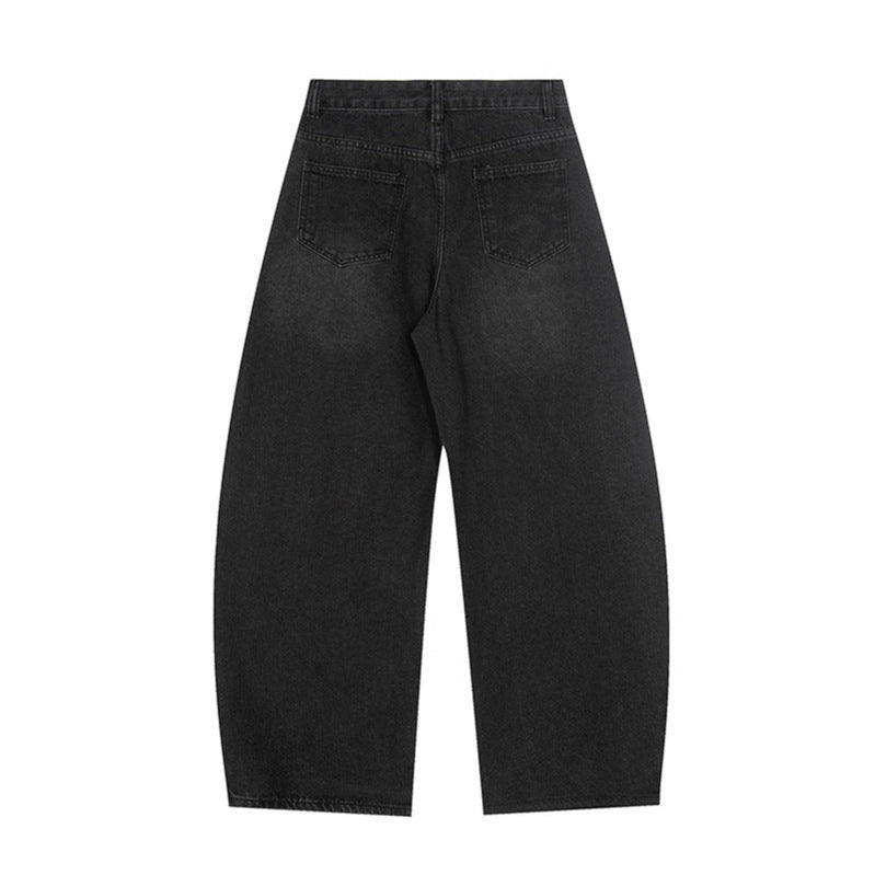 Letter Print Denim Pants Unisex Loose Casual Versatile Wide Leg Pants