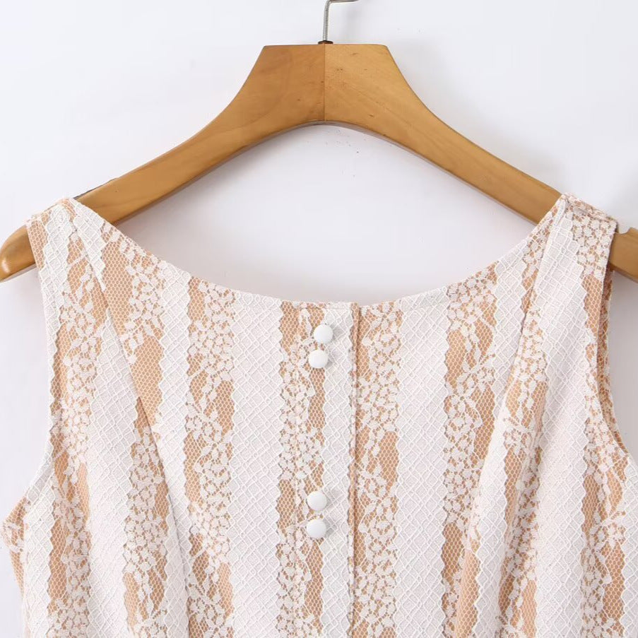 Style Lace Spliced Sleeveless Round Neck Waist-Cinching Fitted Dress