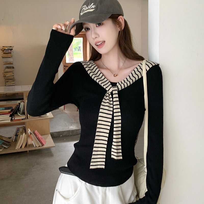 Striped Color-blocked Navy Slim Fit Top